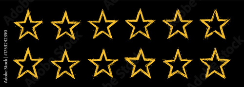 Golden outline star icons set, five pointed star rating collection vector illustration on transparent background