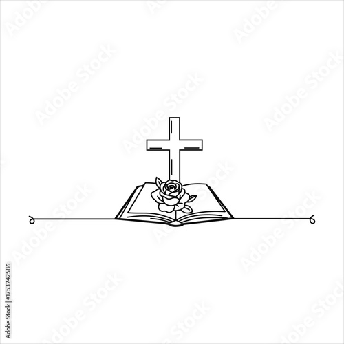 Christian cross emerging from open holy bible with rose symbolizing faith and love