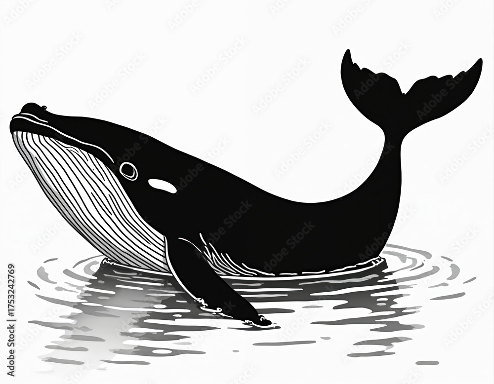 Fototapeta premium Black humpback whale arcs gracefully in clear water. Gentle giant marine mammal swims with lined belly and powerful tail. Nature wildlife illustration.