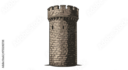 Medieval stone tower in vintage style isolated on white background