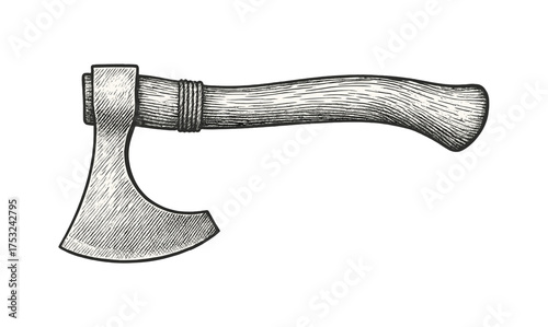 Hand drawn vintage axe: detailed black and white hatchet illustration