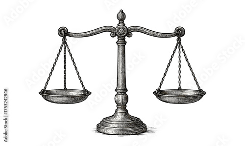 Intricate vintage balance scale in detailed engraving style on white background