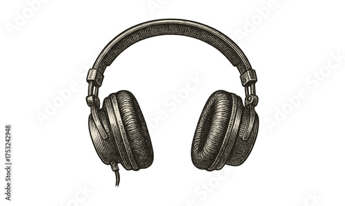 Vintage engraved headphones sketch with retro style and detailed shadows