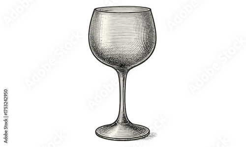 Vintage wine glass etching with detailed lines in black and white