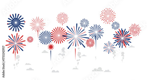 Patriotic fireworks display in red and blue on white background
