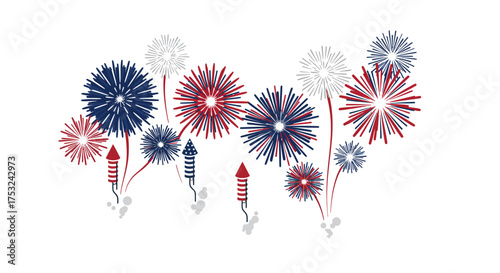 Festive fireworks display with red, white, and blue bursts in a minimalist de…