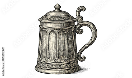 Vintage engraved beer stein with ornate handle and lid in detailed etching style