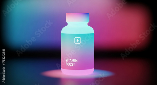A sleek vitamin boost bottle with a minimalist design, bathed in vibrant neon lights, symbolizing health and wellness