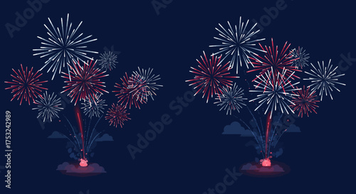 Festive nighttime celebration with red and blue fireworks display