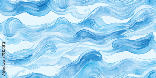 Fluid Blue Ocean Wave Watercolor Texture Background with Soft White Foam and Tropical Sea Splash Design for Modern Coastal Abstract Illustration