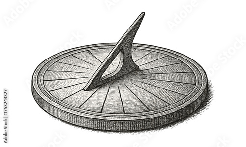 Detailed engraving of a sundial with intricate shadowing in monochrome
