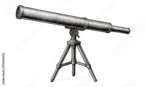 Vintage telescope on tripod in engraved style for exploration and astronomy themes