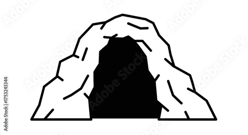Black and white linear outline of a rocky cave entrance