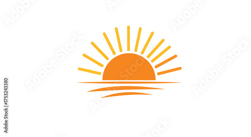 Vibrant sunrise with radiant sunrays over a calm horizon on white background
