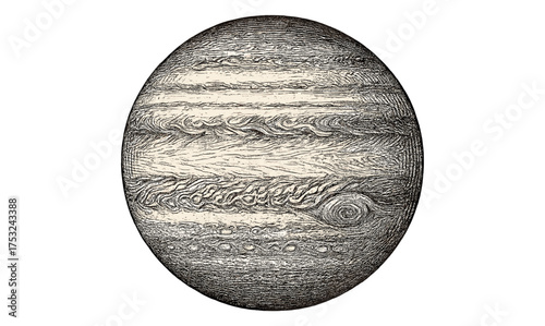Detailed hand drawn engraving of a planet with swirling bands and texture