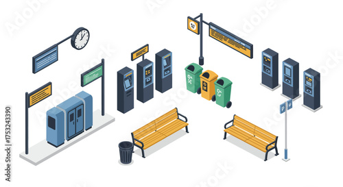 Modern urban public transport station with benches and ticket machines