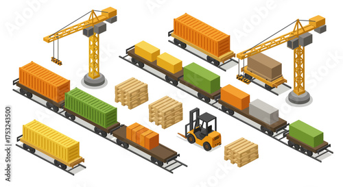 Isometric freight train yard with containers and cranes in logistics hub