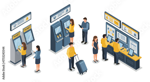 People using ticket machines and self-service kiosks in isometric style