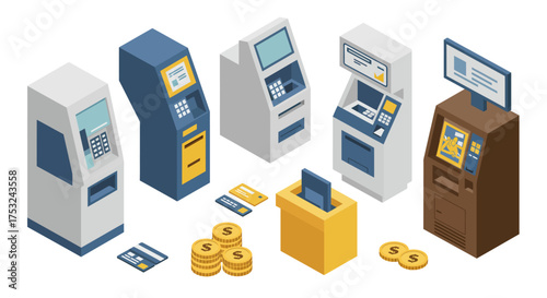 Isometric atm kiosks and payment icons with banking elements in various designs