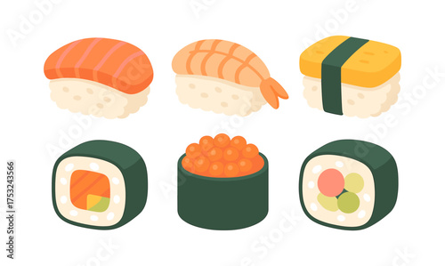Isometric sushi set including nigiri and maki rolls with vibrant ingredients