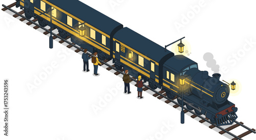 Vintage isometric train with passengers on platform under soft evening light