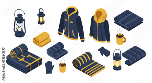 Isometric camping gear collection with jackets, lanterns, and blankets