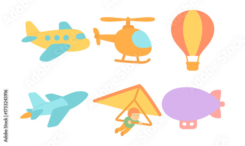 Whimsical cartoon air transport collection: planes, helicopter, and hot air balloon