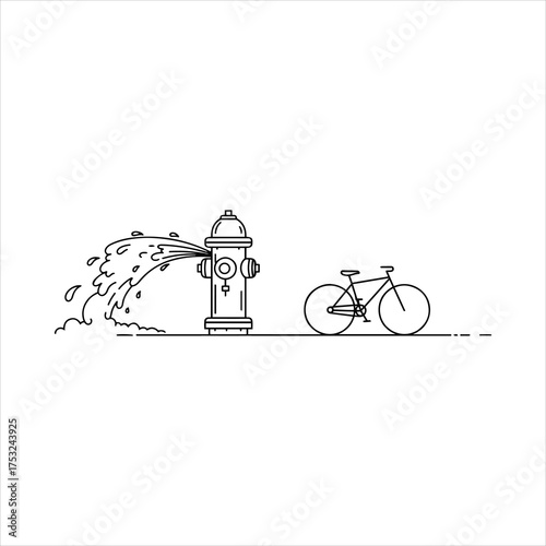 Bicycle park near a fire hydrant spraying water on a simple