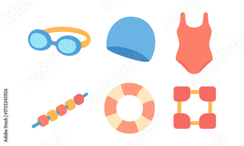 Swimming gear set: flat icons featuring goggles, swimsuit, and safety equipment