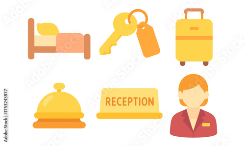 Flat hotel icon set: bed, key, luggage, bell, reception, concierge