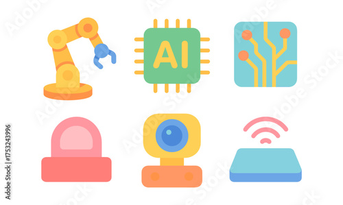 Colorful flat icons of ai technology and robotics automation devices