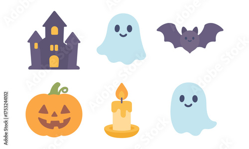 Cute halloween icons collection: ghosts, pumpkins, and haunted house