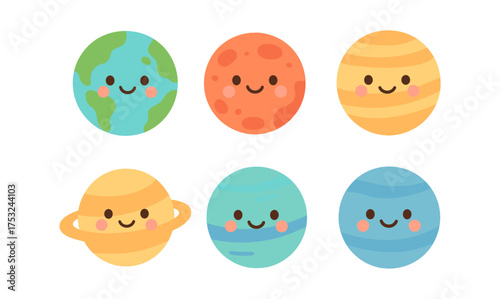 Cute cartoon smiling planets in space
