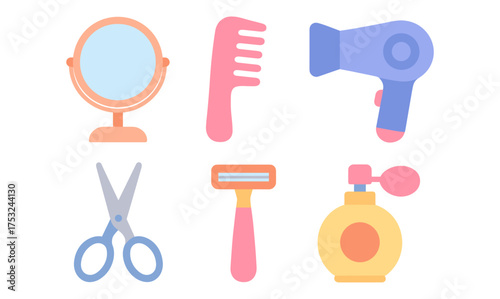 Flat style beauty and hair salon tools and accessories collection