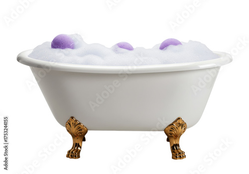 Isolated clawfoot bathtub filled with white foam bubbles and three purple bath bombs