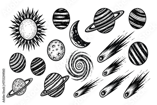 Black and white illustration of celestial bodies including sun moon planets and comets space