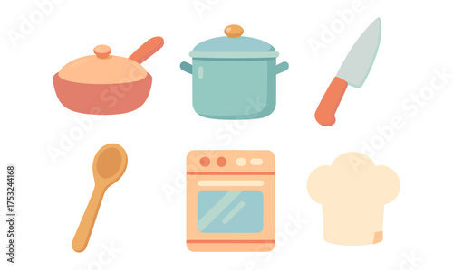Colorful kitchen utensils and appliances in flat design