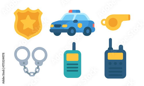 Colorful police elements with badge, car, whistle, handcuffs, and radio