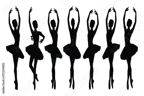 Black silhouettes of ballerinas in various ballet poses on pointe shoes wearing tutus ballet dancer