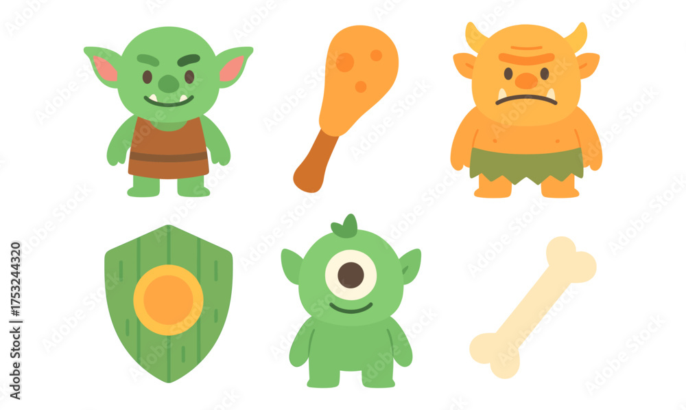 Obraz premium Cute fantasy creatures and objects set in flat style