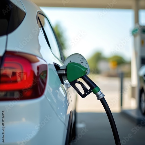 White car refuels at a gas station. Green fuel pump nozzle fills the automobile tank with gasoline. Transport getting petrol for travel journey. Rising fuel costs and crude oil price.