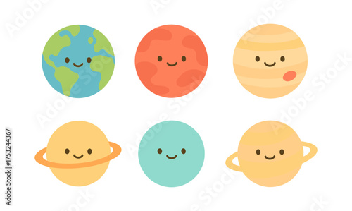 Cute cartoon planets with faces in flat style: earth, mars, jupiter, uranus, saturn