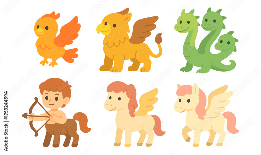 Fototapeta premium Cute mythical creatures set: cartoon style fantasy animals and characters