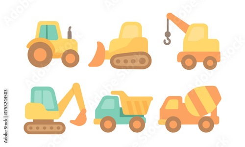 Colorful construction vehicles set featuring trucks and machinery in flat design