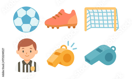 Cartoon soccer icons set with ball, shoes, goal, referee, and whistles