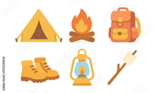 Camping essentials: tent, fire, backpack, boots, lantern, marshmallow
