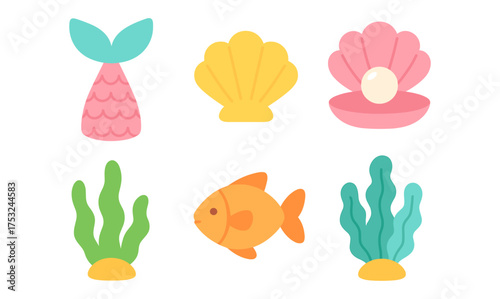 Cute underwater elements: mermaid tail, seashells, fish, and seaweed in flat style