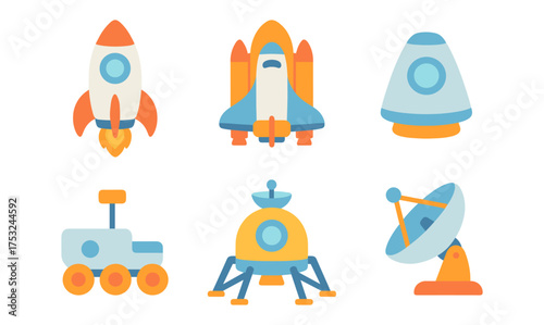 Space exploration icons: modern flat style collection featuring rockets and satellites