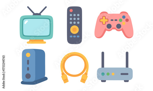 Colorful retro electronics and gaming devices in flat style