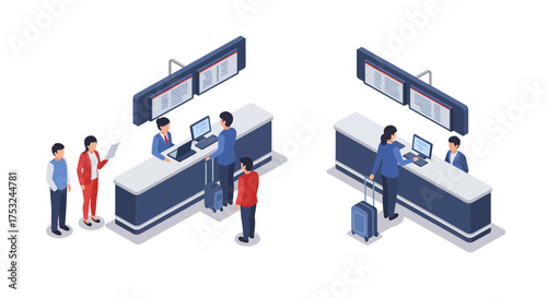 Isometric airport check-in counters with passengers and digital displays